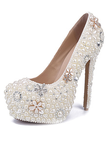 Blanc perles en cuir verni pompes chaussures de soirée et de mariée