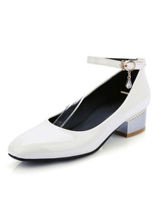 PU blanc mi-bas talons pour femmes