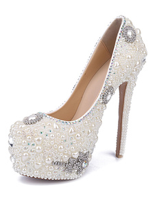 Blanc perles plates-formes pompes en cuir chaussures de soirée et de mariée