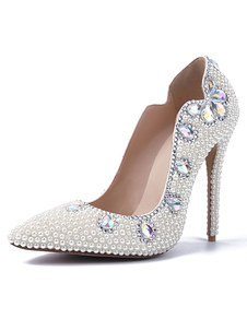 Perles blanches Pointed Toe Pumps cuir verni soir & talons de la mariée