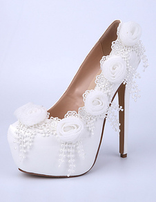 Blanc fleurs cuir plateformes talons chaussures de soirée et de mariée