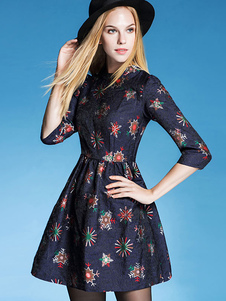 Robe skater bleu multicolore avec zip col montant