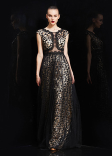 Robe de soirée éblouissante A-ligne en tulle noir avec paillettes col rond longueur plancher