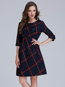 Robe droite bleu roi écossais noeud papillion avec zip encolure dégagée