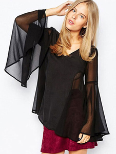 Blouse femme en chiffon noir unicolore à demi-transparence