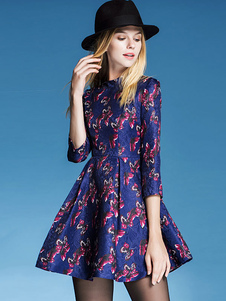 Robe skater bleu multicolore avec zip col montant