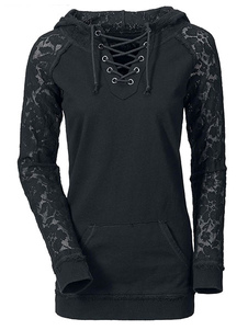 Pull sportwear noir unicolore avec lacet à ceinture coulissante revers embelli