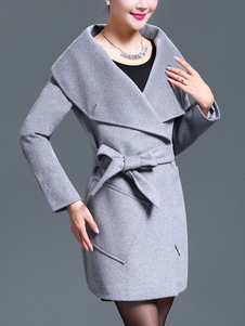 Manteau gris unicolore avec noeud col à revers