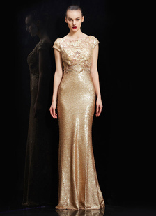 Robe de soirée sirène en dentelle brodé Cou translucide longueur plancher