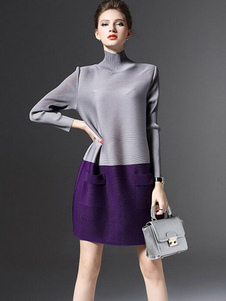 Robe droite en coton bicolore avec poches col roulé