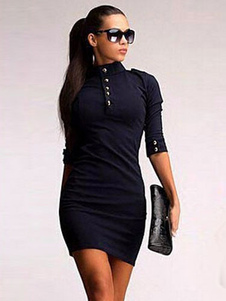 Robe vintage noire unicolore avec zip col montant