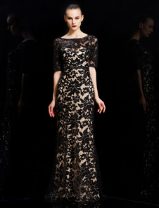 Robe de soirée sirène en dentelle avec paillettes Cou translucide longueur plancher