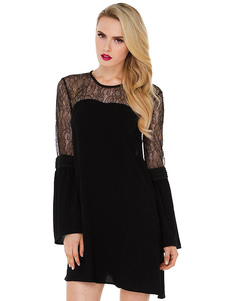 Mini robe noir unicolore à demi-transparence col ras du cou