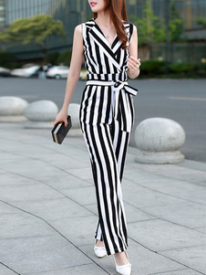 Combinaison pour femme noire avec rayure et ceinture