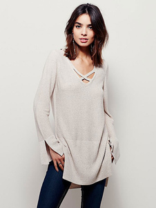 Doux pull pour femme kaki unicolore creusé fendu