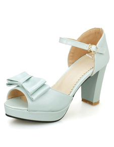 Chaussures soutenues à bout ouvert à talons épais en PU ruban aux chevilles avec noeud