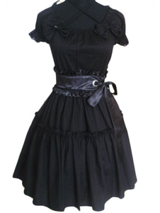 Robe lolita en coton noire avec lacets gothique col rond