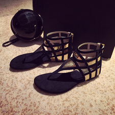 Sandales adorables gladiateur noir en cuir suédé Talon plat