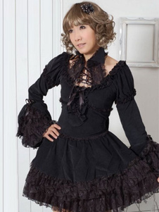 Robe lolita en coton noire avec noeud et noeud gothique col carré