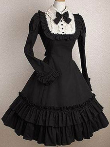 Robe lolita noire en coton avec noeud et noeud Jolie col à revers
