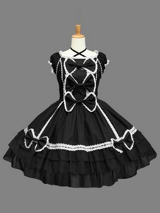 Robe lolita en coton noire avec noeud et noeud gothique col carré
