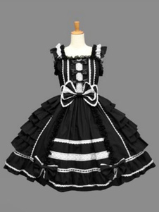 Robe lolita en coton noire avec lacets gothique col rond