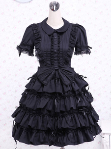 Robe lolita noire en coton avec noeud et noeud gothique col à revers