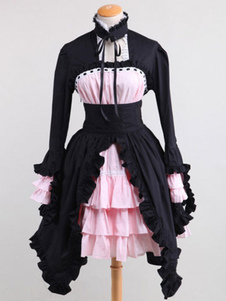 Robe lolita en coton noire avec dentelle imprimé fleurie gothique revers embelli
