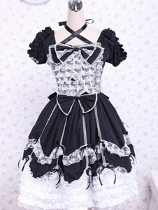Robe lolita en coton noire avec dentelle et lacets gothique col montant