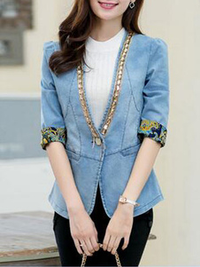 Blanzer pour femme bleu clair en coton unicolore avec strass col V