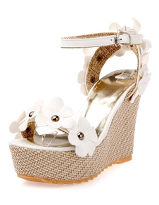 Sandales compensées ruban aux chevilles en PU avec fleur