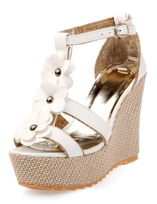 Sandales compensées sublimes T-bracelet en PU avec fleur