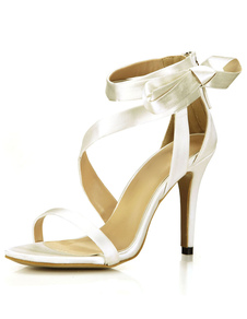 Sandales chic de mariée en satin ivoire avec zip à talons aigus ruban aux chevilles