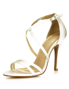 Sandales de mariée en satin ivoire avec boucle à talons aigus ruban aux chevilles
