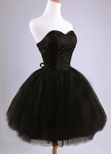 Petite robe noire de mariage A-ligne en tulle bustier avec dentelle mini