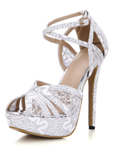 Sandales de mariée en PU avec paillettes à talons aigus ruban aux chevilles