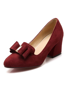 Chaussures à talons épais en cuir poncé talons couverts avec noeud