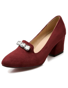 Chaussures à talons épais en cuir poncé talons couverts avec cristal