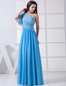 Robe de bal en mousseline de soie a-ligne une épaule Bat manches dentelle perles corsage