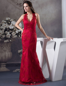 Bourgogne Halter cou sirène dentelle étage longueur robe de soirée