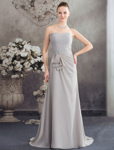 Robe de soirée argent perles ruché bretelles robe de partie en mousseline de soie avec Train de bala