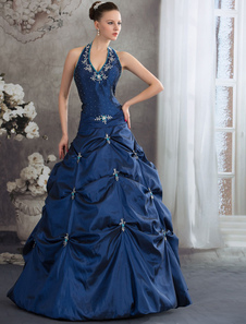 Royal Blue taffetas Halter cou perles Pick_Up dentelle appliques robe de Quinceanera