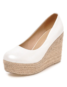 Blanche ronde Toe PU Wedge chaussures pour dames