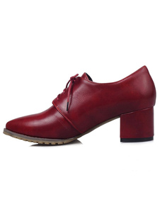 Chaussures à talons épais en PU bordeaux à lacets