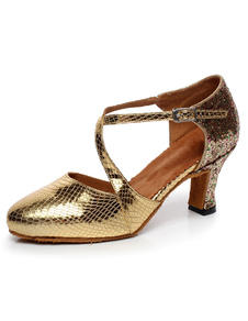 Chaussures de latine en PU verni à talons épais ruban aux chevilles et bout amande