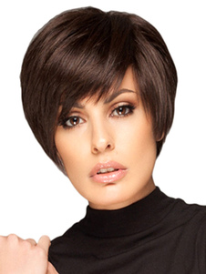 Perruque courte chocolat ébouriffée en fibre résistante à la chaleur frange oblique