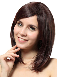 Perruque moyenne marrone ébouriffée en fibre résistante à la chaleur frange oblique