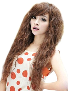 Perruque 26 inches marron claire ébouriffée en fibre résistante à la chaleur frange oblique