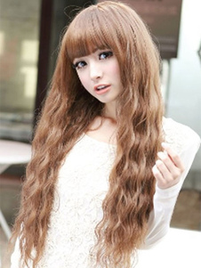 Perruque 26 inches marron claire ébouriffée en fibre résistante à la chaleur frange droite