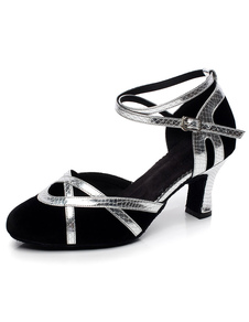 Chaussures de latine en micro daim à talons épais ruban aux chevilles et bout rond